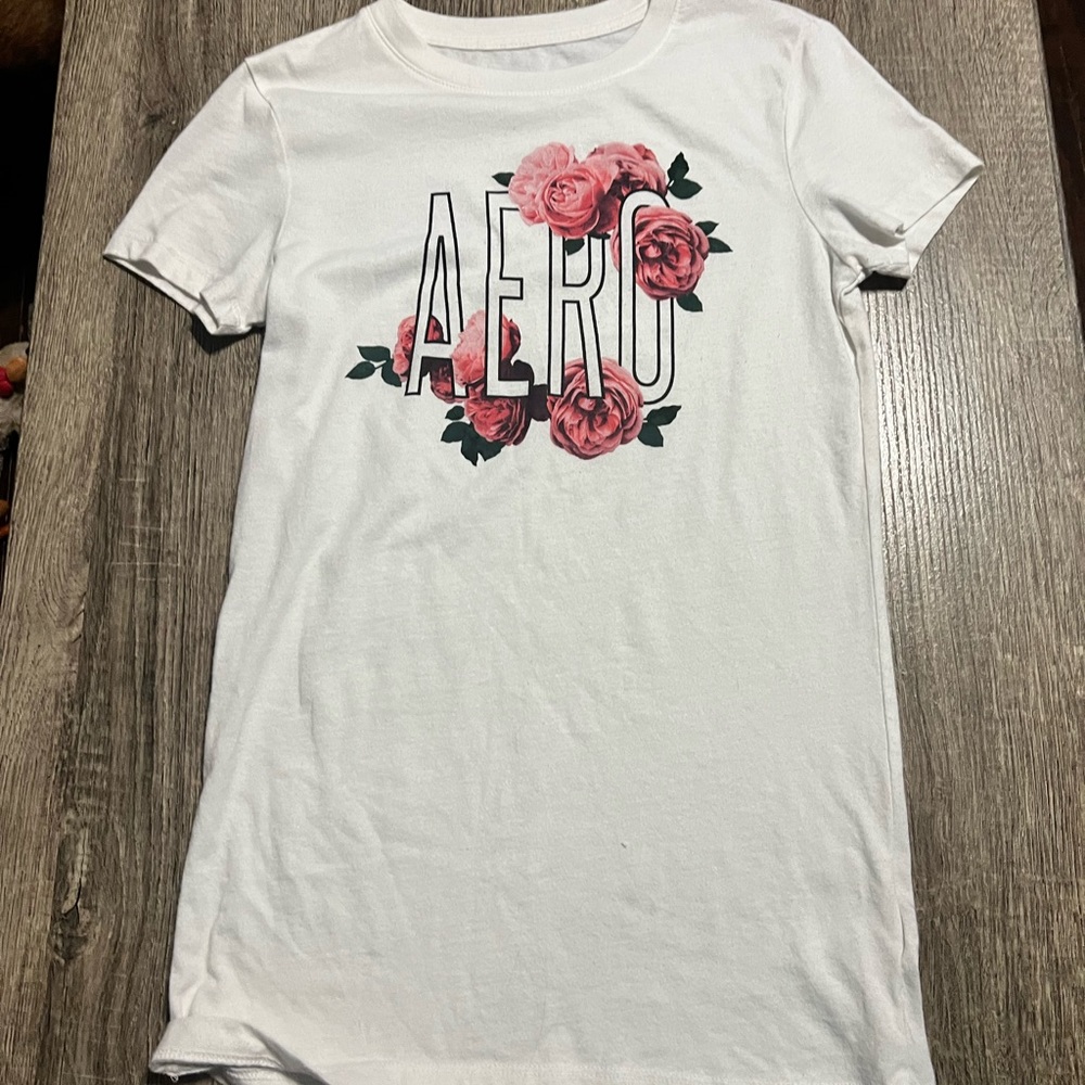 A white flowered Classic Crew tee from Aeropostale